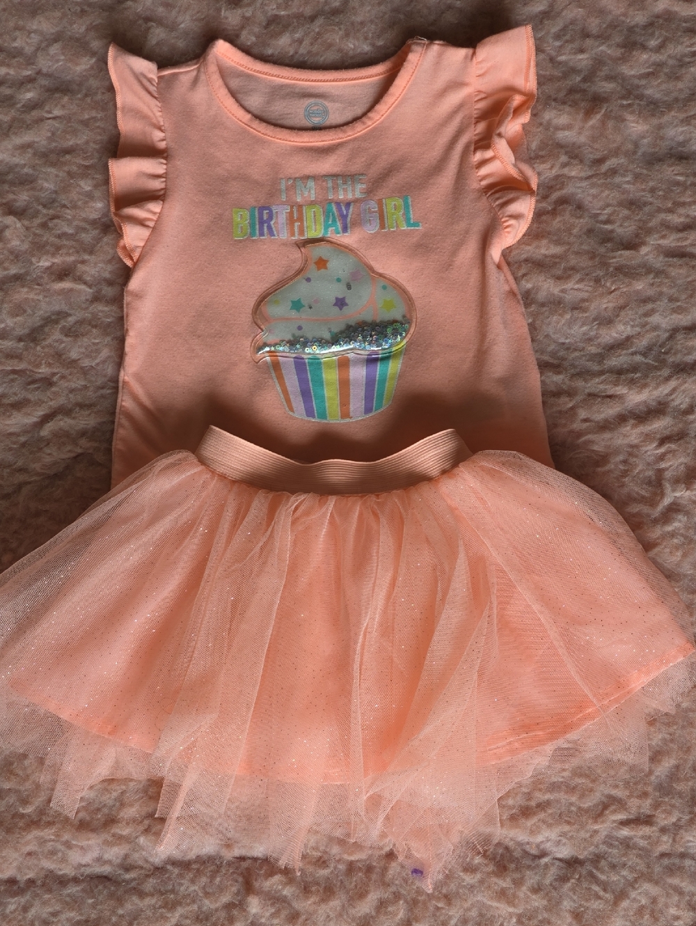 wonder nation Peach Glitter Cupcake Birthday Tutu Outfit